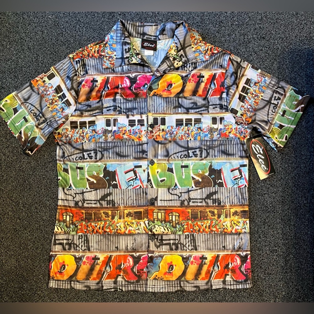 NWT VTG Elee L Button Up Shirt Graffiti Subway Y2K club wear Rave AOP